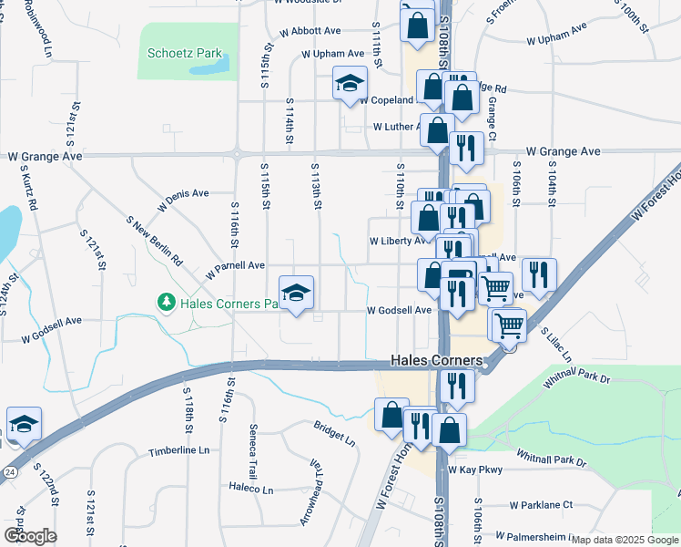 map of restaurants, bars, coffee shops, grocery stores, and more near 5713 South 112th Street in Hales Corners