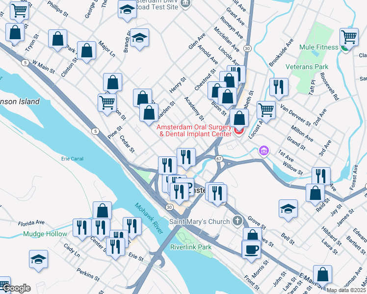 map of restaurants, bars, coffee shops, grocery stores, and more near 24 William Street in Amsterdam