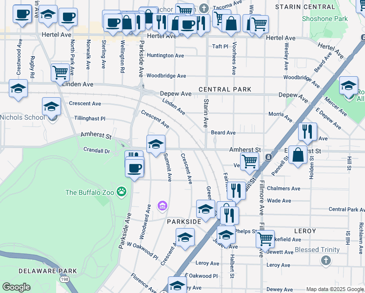 map of restaurants, bars, coffee shops, grocery stores, and more near 1580 Amherst Street in Buffalo
