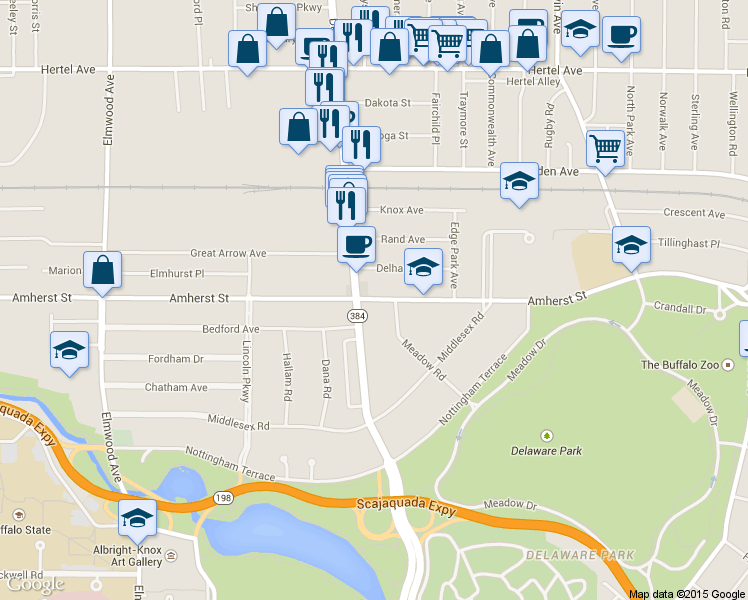 map of restaurants, bars, coffee shops, grocery stores, and more near 1011 Amherst Street in Buffalo