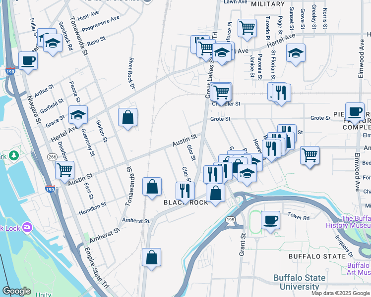 map of restaurants, bars, coffee shops, grocery stores, and more near 105 Clay Street in Buffalo