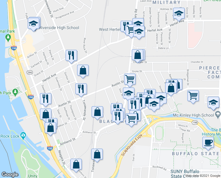 map of restaurants, bars, coffee shops, grocery stores, and more near 105 Clay Street in Buffalo