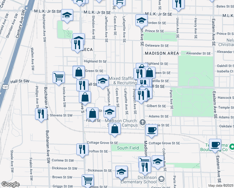 map of restaurants, bars, coffee shops, grocery stores, and more near 1230 Cass Avenue Southeast in Grand Rapids