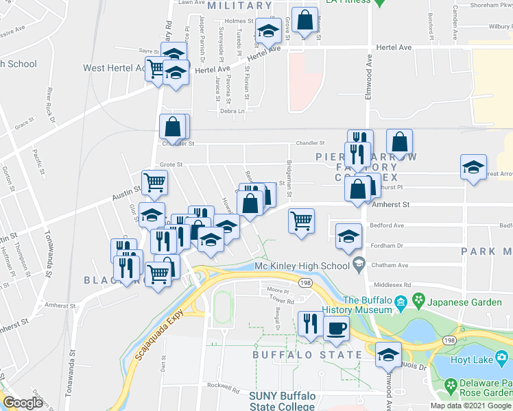 map of restaurants, bars, coffee shops, grocery stores, and more near 18 Reservation Street in Buffalo