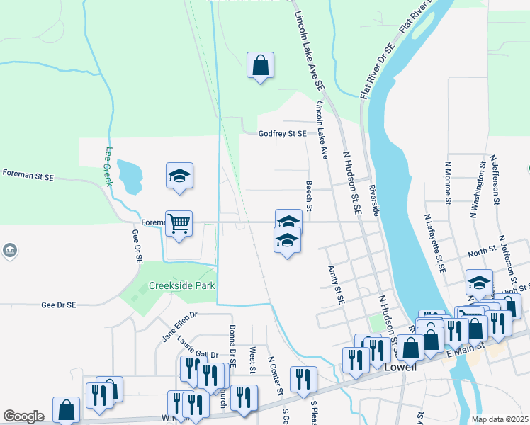 map of restaurants, bars, coffee shops, grocery stores, and more near 781 Foreman Street Southeast in Lowell