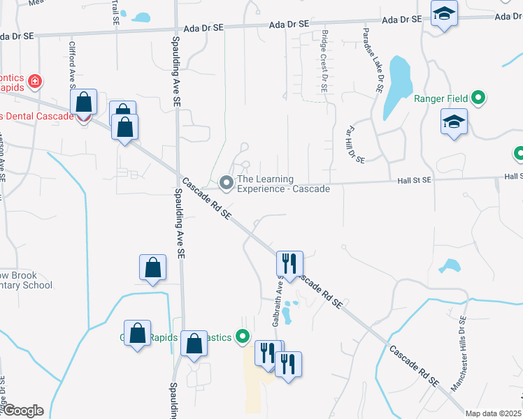 map of restaurants, bars, coffee shops, grocery stores, and more near 5455 Ranger Hills Drive Southeast in Grand Rapids