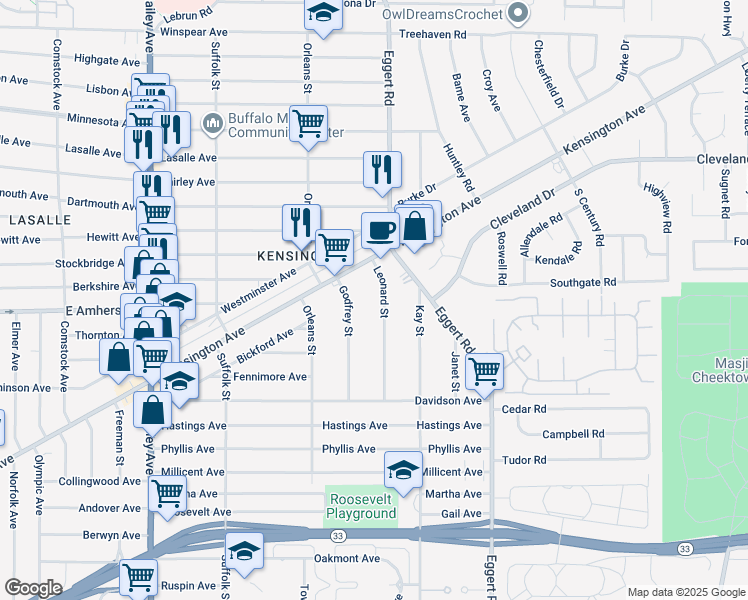 map of restaurants, bars, coffee shops, grocery stores, and more near 112 Leonard St in Buffalo