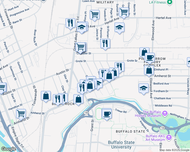 map of restaurants, bars, coffee shops, grocery stores, and more near 107 Peter St in Buffalo