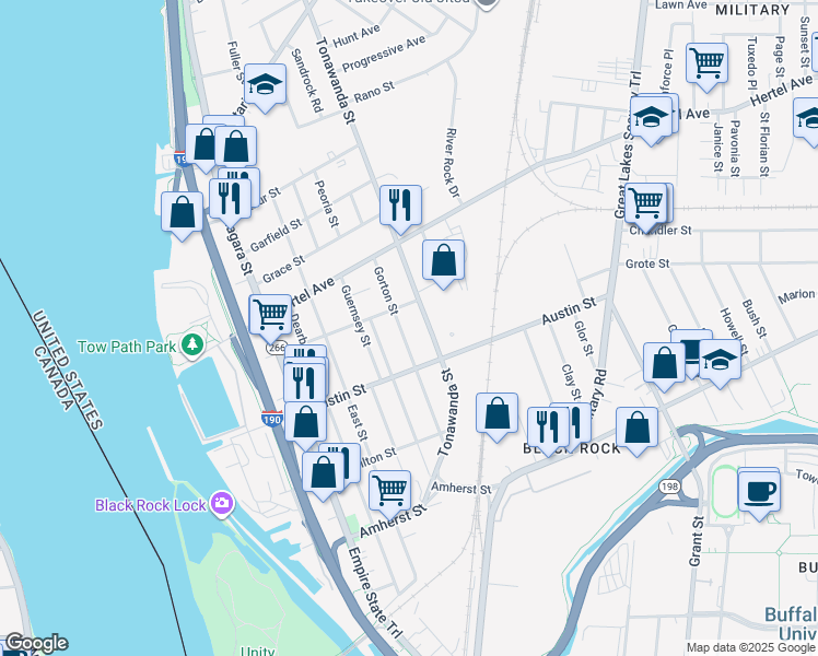 map of restaurants, bars, coffee shops, grocery stores, and more near 181 Gorton Street in Buffalo