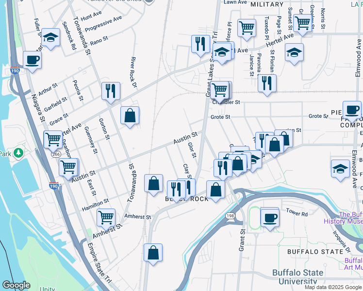 map of restaurants, bars, coffee shops, grocery stores, and more near 105 Clay St in Buffalo