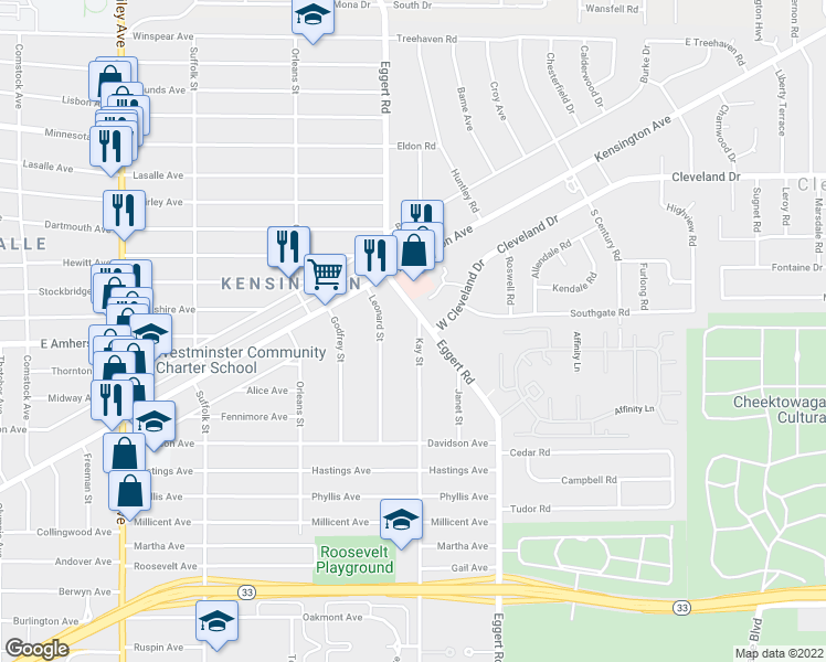 map of restaurants, bars, coffee shops, grocery stores, and more near 214 Kay Street in Buffalo