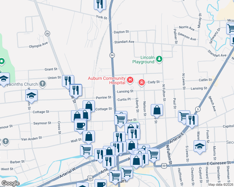 map of restaurants, bars, coffee shops, grocery stores, and more near 2 Lansing Street in Auburn