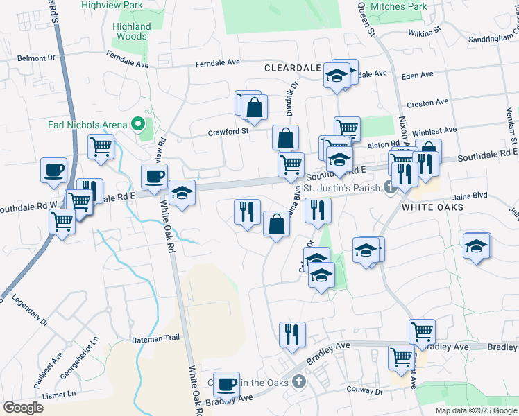 map of restaurants, bars, coffee shops, grocery stores, and more near 50 Kristina Crescent in London