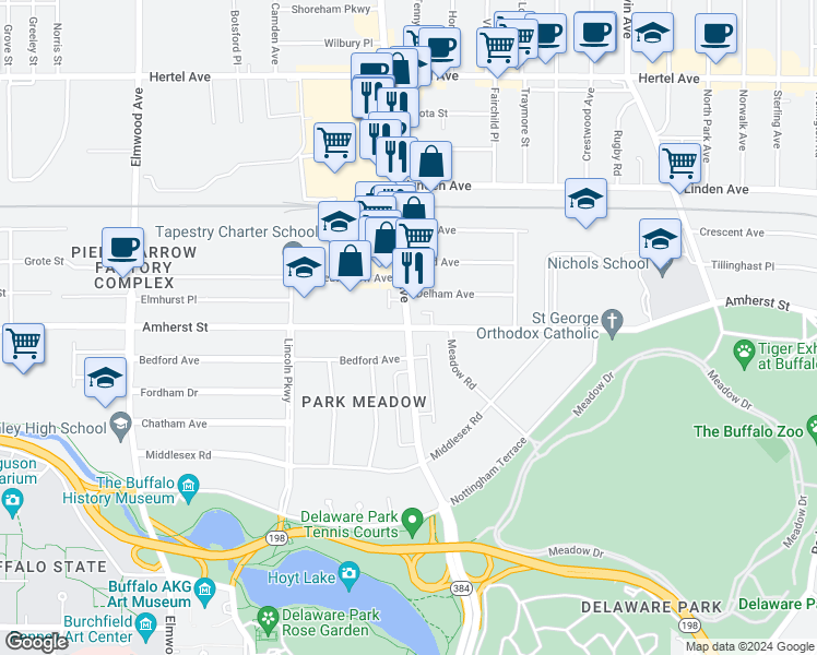 map of restaurants, bars, coffee shops, grocery stores, and more near Delaware Avenue & Amherst Street in Buffalo