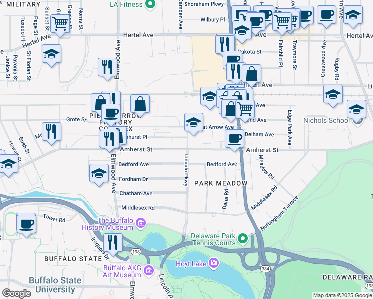 map of restaurants, bars, coffee shops, grocery stores, and more near Amherst St & Lincoln Pkwy in Buffalo