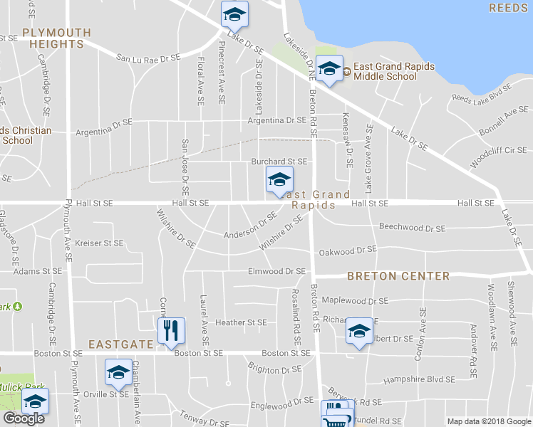 map of restaurants, bars, coffee shops, grocery stores, and more near 2261 Anderson Drive Southeast in Grand Rapids