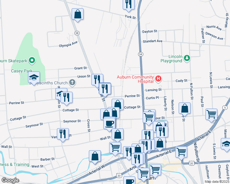 map of restaurants, bars, coffee shops, grocery stores, and more near 6 Rock Avenue in Auburn