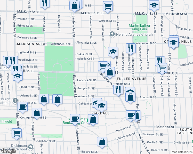 map of restaurants, bars, coffee shops, grocery stores, and more near 1217 Butler Avenue Southeast in Grand Rapids