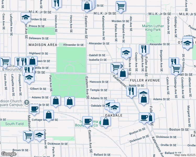 map of restaurants, bars, coffee shops, grocery stores, and more near 1217 Marshall Avenue Southeast in Grand Rapids