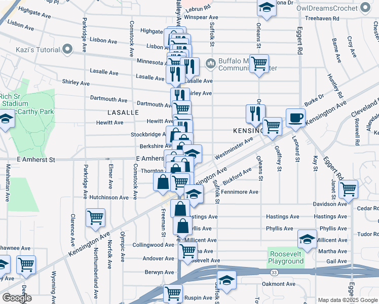 map of restaurants, bars, coffee shops, grocery stores, and more near 720 East Amherst Street in Buffalo