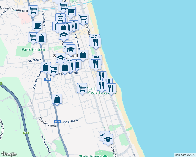 map of restaurants, bars, coffee shops, grocery stores, and more near 43 Via Cicerone in San Benedetto del Tronto