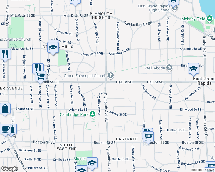 map of restaurants, bars, coffee shops, grocery stores, and more near 1212 Plymouth Avenue Southeast in Grand Rapids
