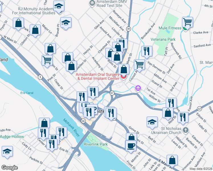 map of restaurants, bars, coffee shops, grocery stores, and more near 100 Market Street in Amsterdam