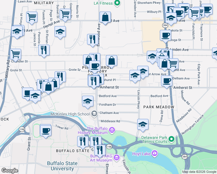 map of restaurants, bars, coffee shops, grocery stores, and more near 723 Amherst Street in Buffalo