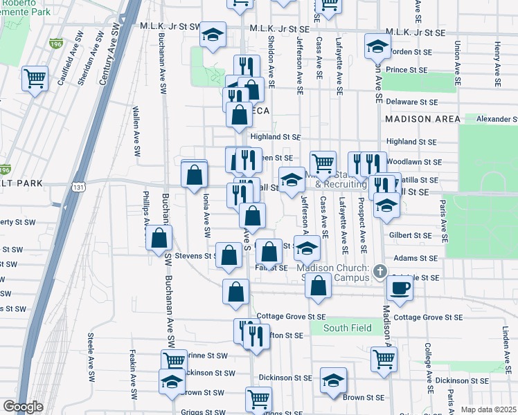 map of restaurants, bars, coffee shops, grocery stores, and more near 1235 Euclid Avenue Southeast in Grand Rapids