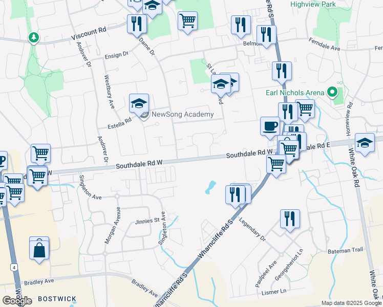 map of restaurants, bars, coffee shops, grocery stores, and more near 156 Southdale Road West in London