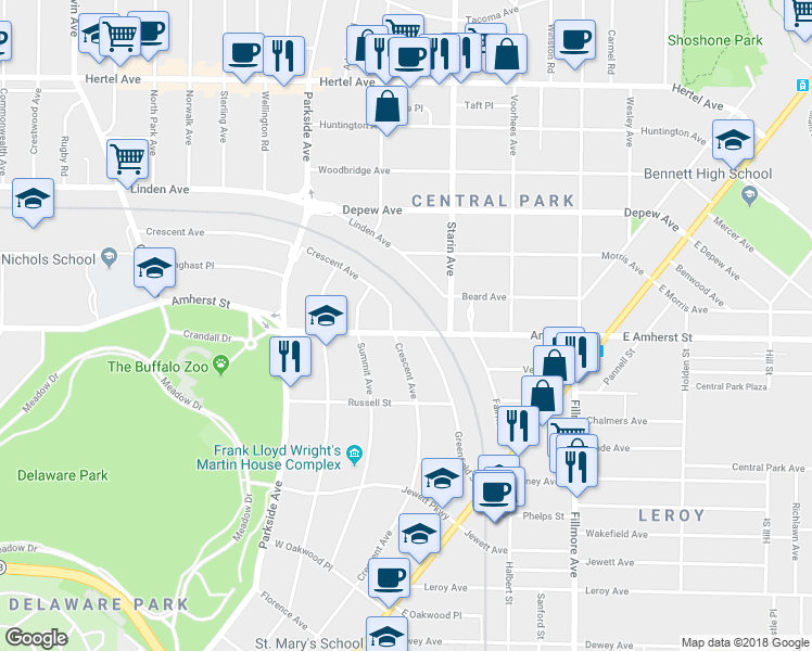 map of restaurants, bars, coffee shops, grocery stores, and more near 1580 Amherst Street in Buffalo
