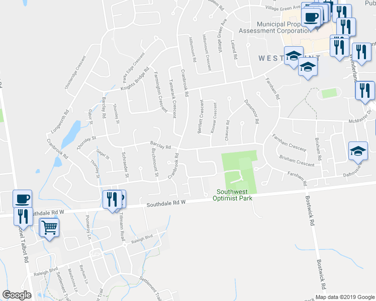 map of restaurants, bars, coffee shops, grocery stores, and more near 775 Barclay Road in London
