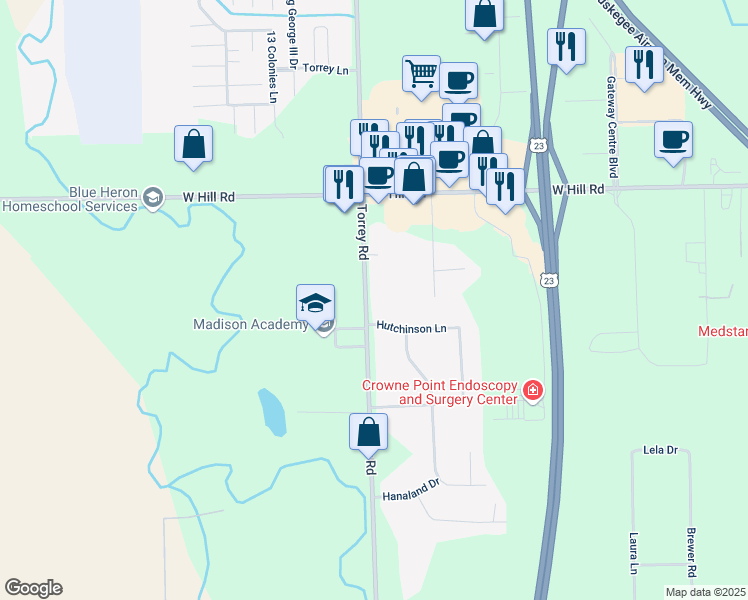 map of restaurants, bars, coffee shops, grocery stores, and more near 6119 Torrey Road in Flint