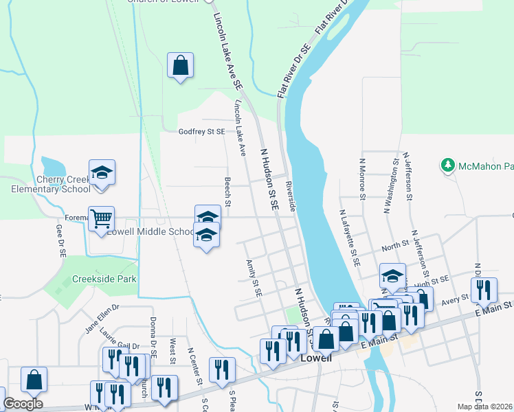 map of restaurants, bars, coffee shops, grocery stores, and more near 917 Lincoln Lake in Lowell
