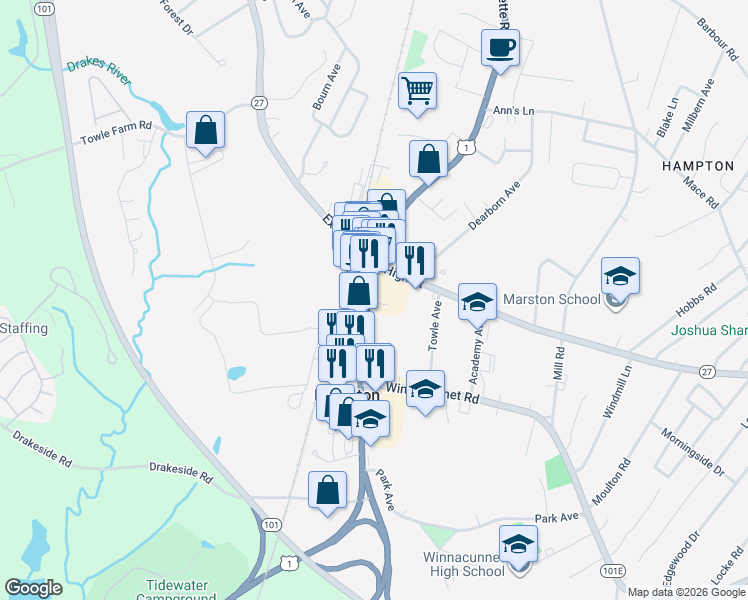 map of restaurants, bars, coffee shops, grocery stores, and more near 6 Swain Court in Hampton