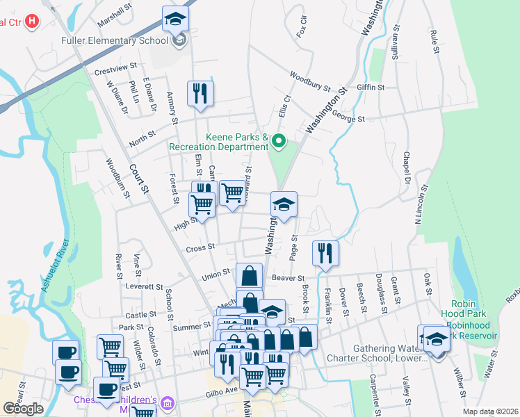 map of restaurants, bars, coffee shops, grocery stores, and more near 27 High Street in Keene