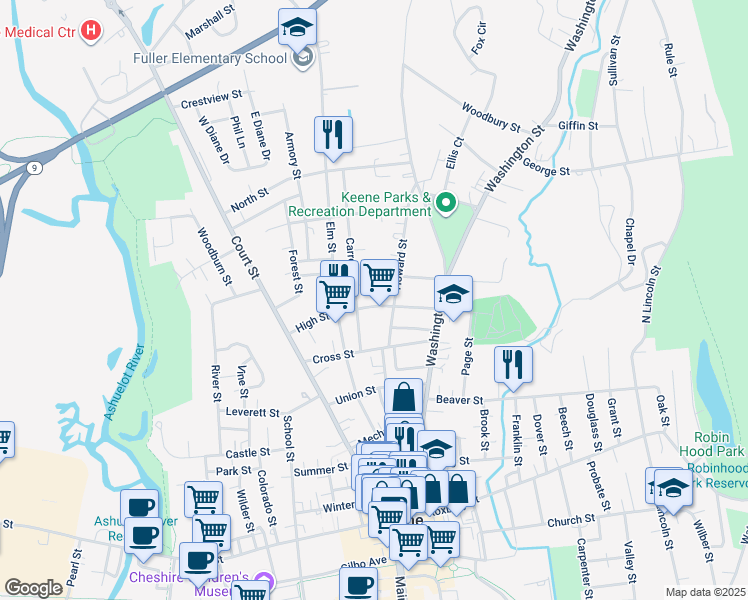 map of restaurants, bars, coffee shops, grocery stores, and more near 61 High Street in Keene