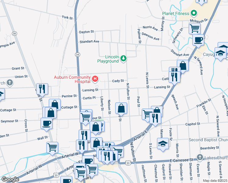 map of restaurants, bars, coffee shops, grocery stores, and more near 77 Holley Street in Auburn