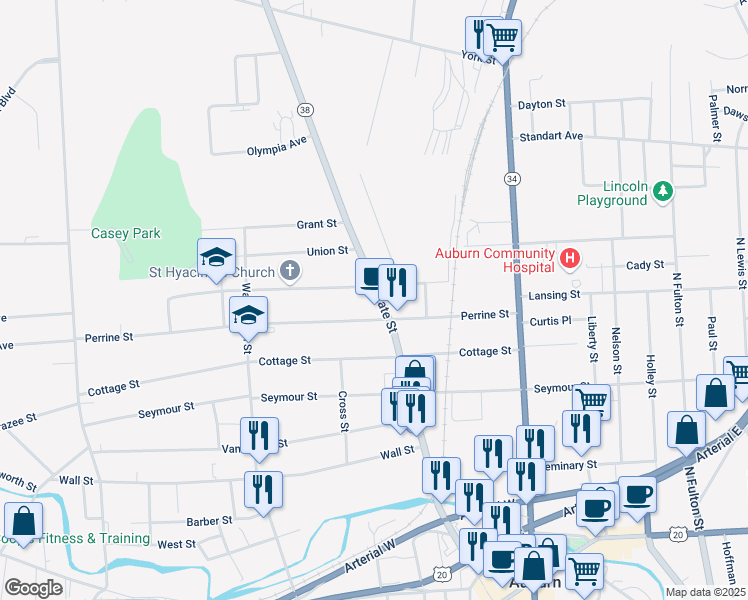 map of restaurants, bars, coffee shops, grocery stores, and more near 217-219 State Street in Auburn