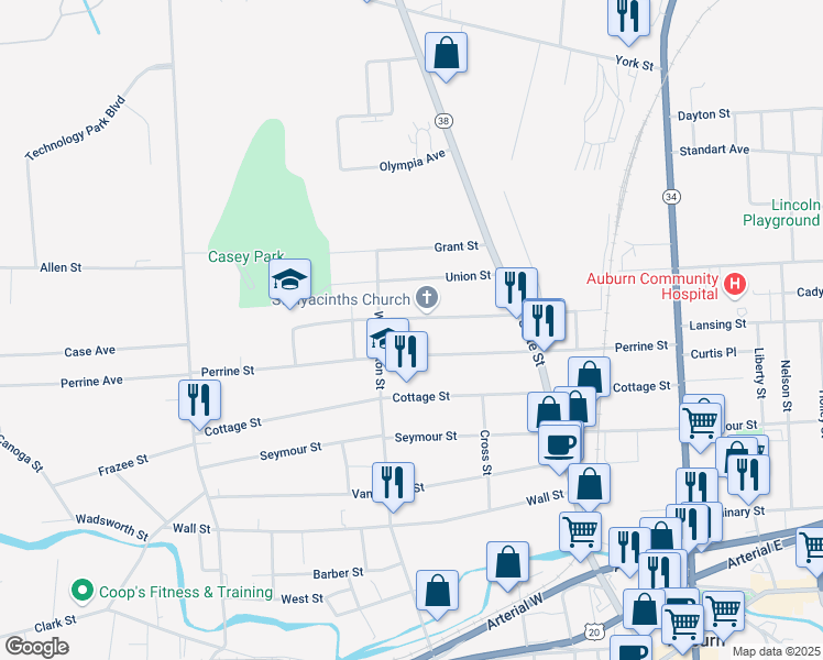 map of restaurants, bars, coffee shops, grocery stores, and more near 68 Pulaski Street in Auburn