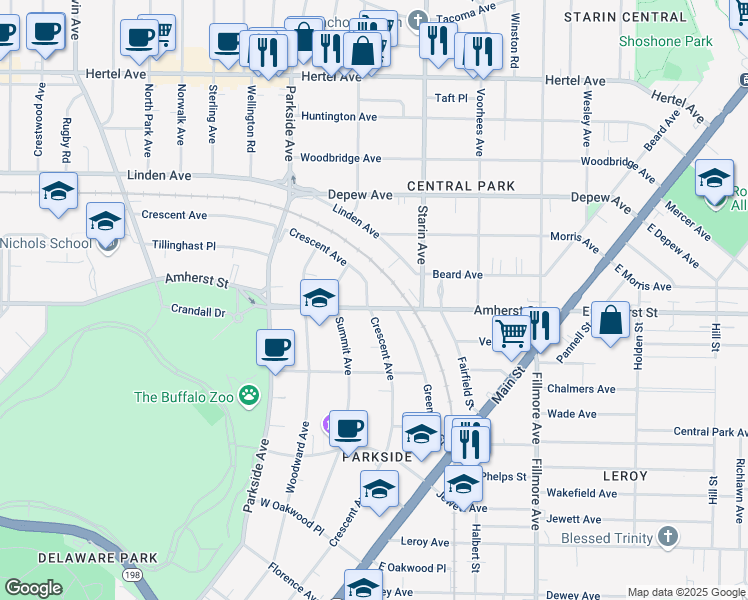 map of restaurants, bars, coffee shops, grocery stores, and more near 1580 Amherst Street in Buffalo