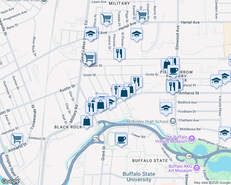 map of restaurants, bars, coffee shops, grocery stores, and more near 88 Bush Street in Buffalo