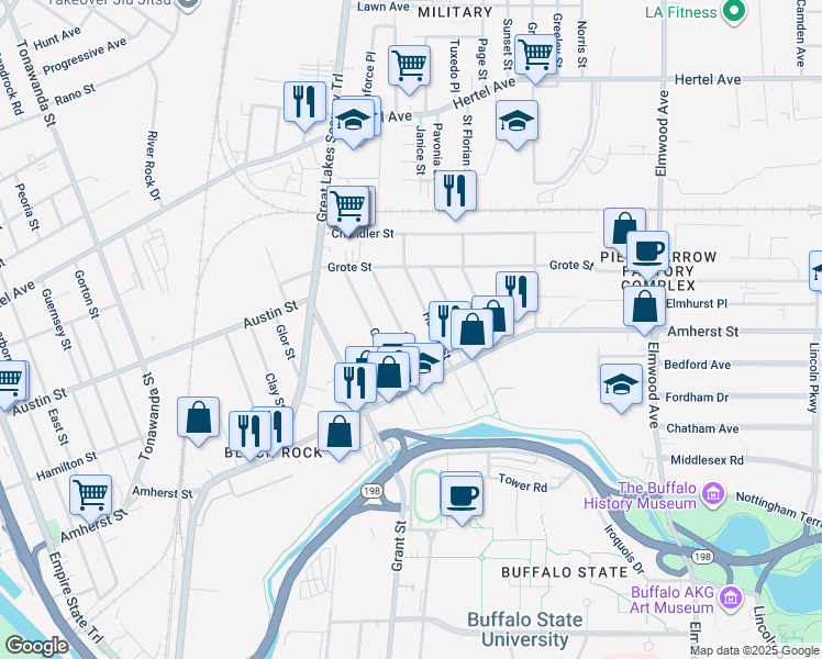 map of restaurants, bars, coffee shops, grocery stores, and more near 107 Peter Street in Buffalo