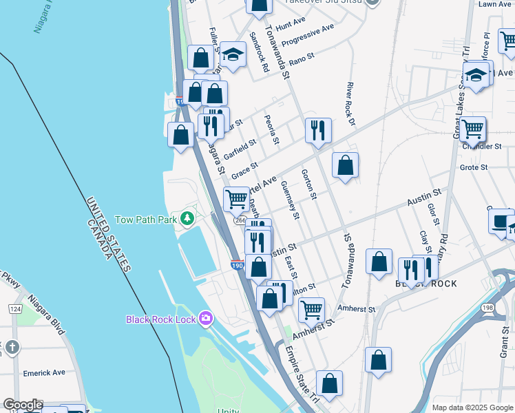 map of restaurants, bars, coffee shops, grocery stores, and more near 424 Dearborn Street in Buffalo