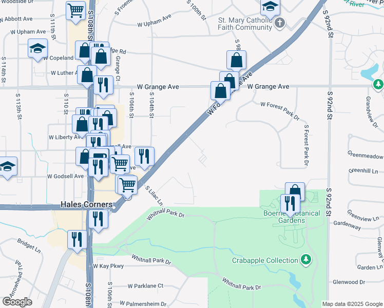 map of restaurants, bars, coffee shops, grocery stores, and more near 10135 West Forest Home Avenue in Hales Corners