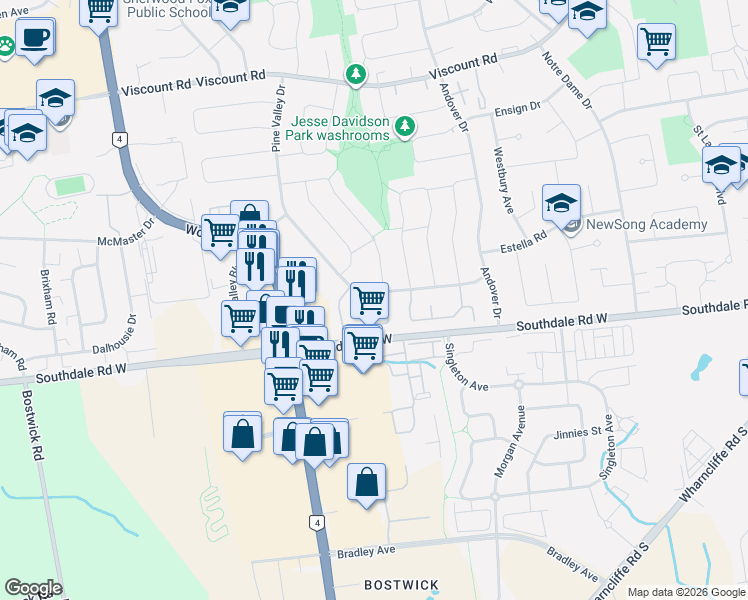 map of restaurants, bars, coffee shops, grocery stores, and more near 183 Pine Valley Drive in London
