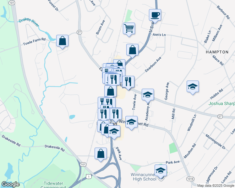 map of restaurants, bars, coffee shops, grocery stores, and more near 6 Swain Court in Hampton