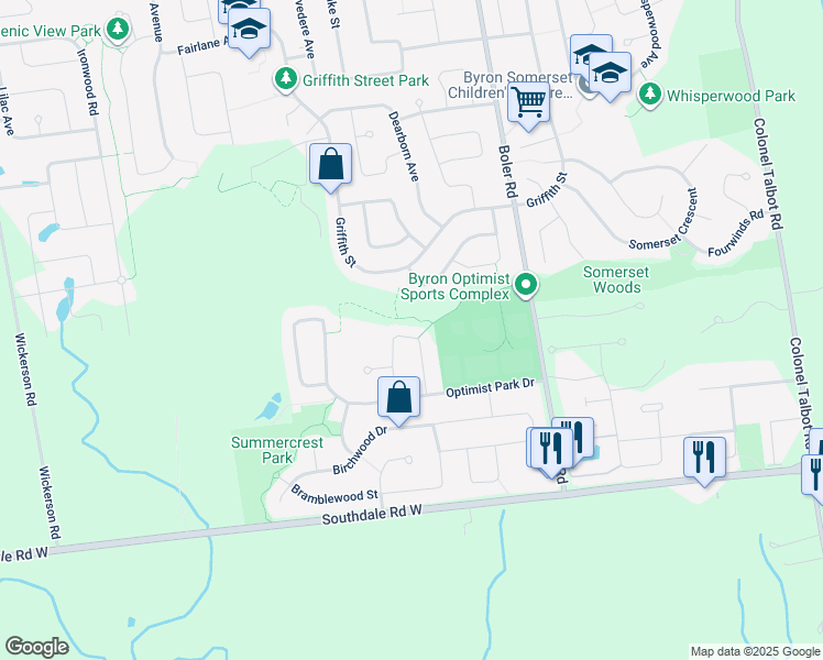 map of restaurants, bars, coffee shops, grocery stores, and more near 46 Sports Field Crescent in London