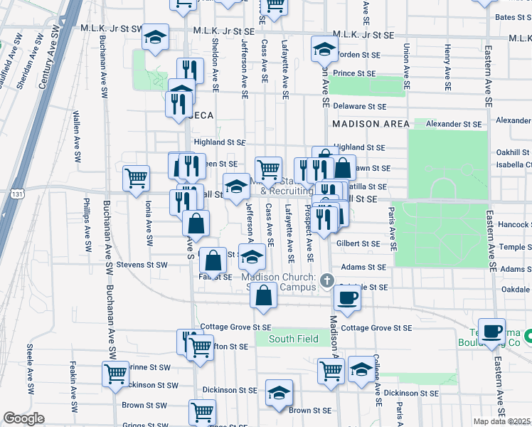 map of restaurants, bars, coffee shops, grocery stores, and more near 1225 Cass Avenue Southeast in Grand Rapids