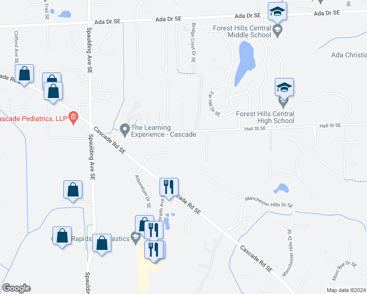 map of restaurants, bars, coffee shops, grocery stores, and more near 5525 Ranger Hills Drive Southeast in Grand Rapids